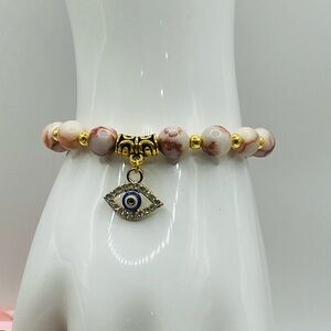 Pink Zebra Jasper Evil Eye Bracelet, Natural Stone Beaded Elastic Bracelet